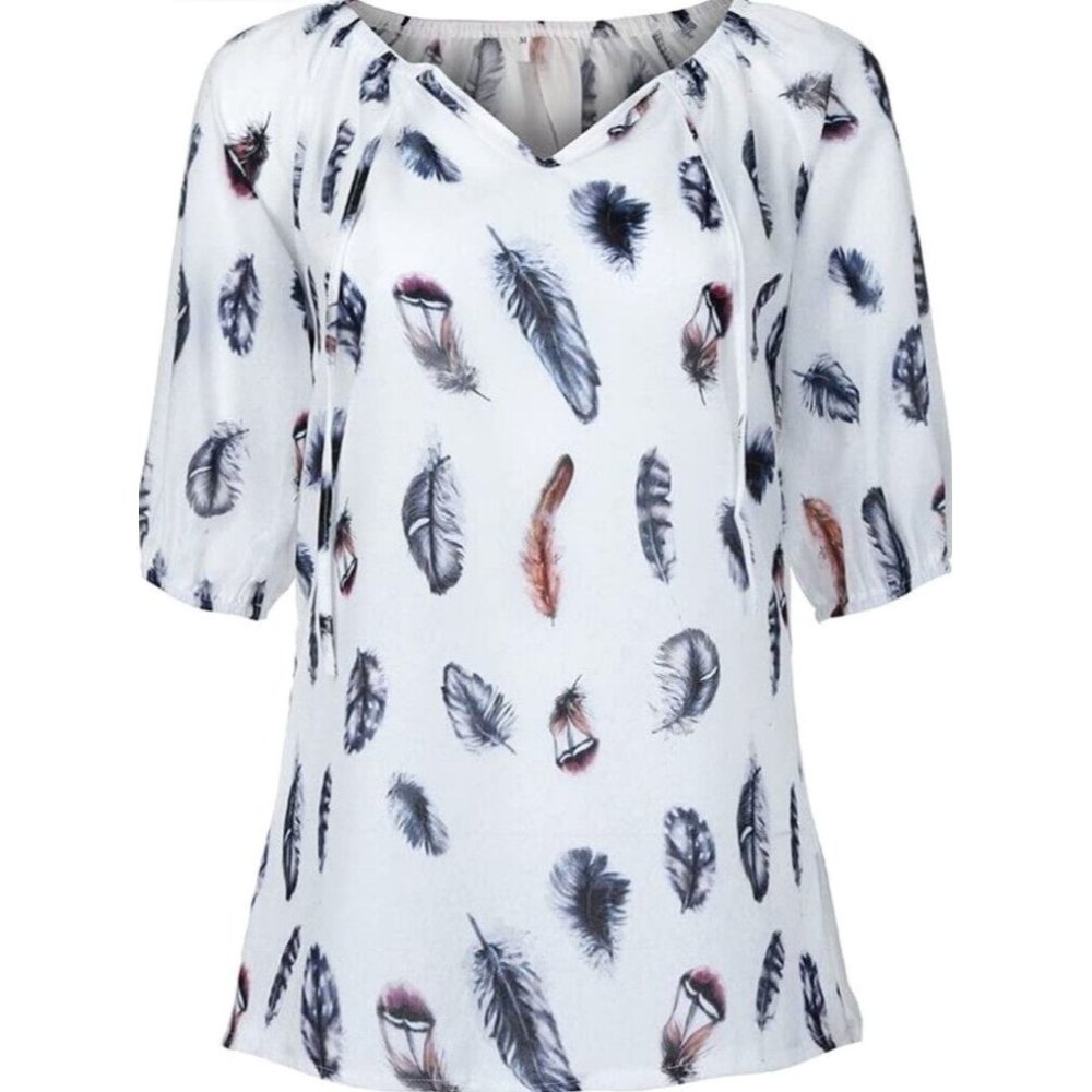 NWOT 10-12 Women's silky satin Blouse Feather Print white Loose Top boho - Picture 1 of 6